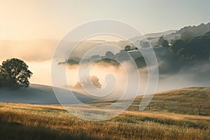 A foggy field with trees and hills in the background, creating a misty and atmospheric scene, An early morning countryside