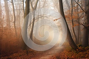 a foggy forest with a dirt path leading through the woods and trees with leaves on the ground and on the ground, and on the