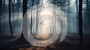 a foggy forest filled with lots of trees and grass with the sun shining through the trees in the distance and the ground covered