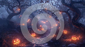 A Foggy Forest Path Lit by Jack-O'-Lanterns