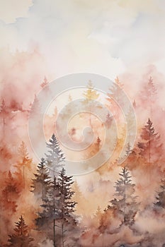 Foggy forest with pine trees in the foreground. Digital vertical watercolor painting in autumn colors