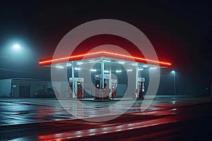 Foggy fueling station Gas and oil station illuminated in darkness