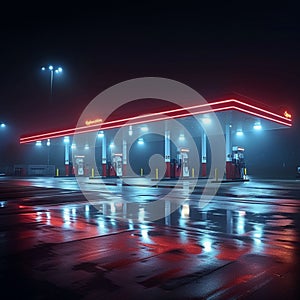 Foggy fueling station Gas and oil station illuminated in darkness
