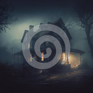 Foggy Halloween Night: Old Creepy Haunted House. Generative AI