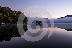 Foggy Lake and Green Mountains - Island with Colorful Trees - Autumn / Fall - Vermont