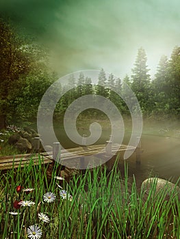 Foggy lake with jetty photo