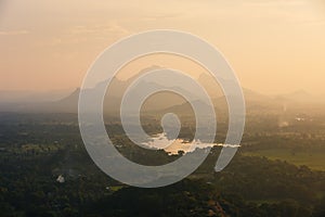 Foggy landscape at beautiful sunset in Sri Lanka