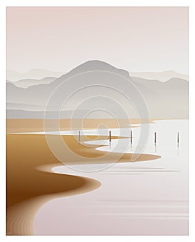 Foggy landscape with sea, sand and mountains. Low tide and piles from the old pier.