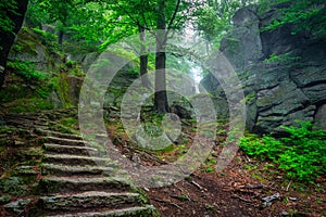 A foggy landscape of stairs from hellish Valley to Chojnik Castle in the Karkonosze Mountains. Poland photo