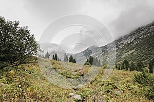 A foggy landscape, a view of the cliffs, the forest, Ergaki mountains