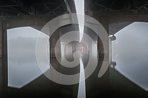 Foggy LSU lake under Interstate 10 in Baton Rouge photo