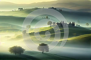 Foggy meadows in the morning Tuscany. Generative AI, Generative, AI