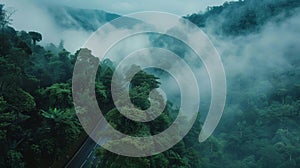 The foggy mist that hangs low over a dense rainforest is suddenly parted by a road that slices through a tunnel