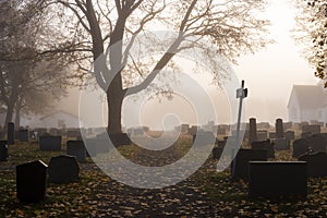 Foggy misty autumn morning in the cemetery