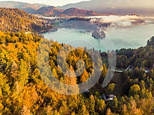 Foggy and misty sunrise in Bled lake at fall,Slovenia