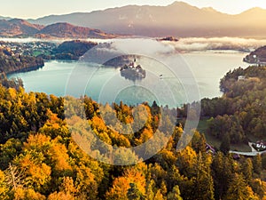 Foggy and misty sunrise in Bled lake at fall,Slovenia