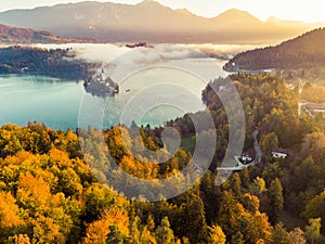 Foggy and misty sunrise in Bled lake at fall,Slovenia