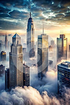 Foggy modern city. Mixed media photo