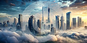 Foggy modern city. Mixed media photo