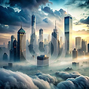 Foggy modern city. Mixed media photo
