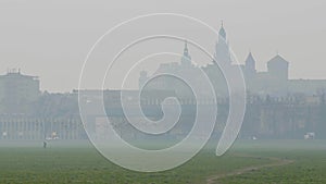 Foggy morning Cracow Wawel castle view