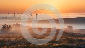 A foggy morning in a field with multiple windmills visible in the distance