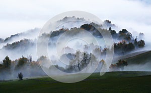 Foggy morning on the hill in the Italian countryside. Autumn landscape.