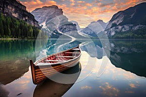 Foggy morning on lake Braies, Dolomites, Italy, A beautiful view of a traditional wooden rowing boat on scenic Lago di Braies in