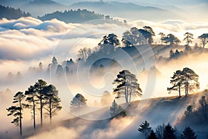 Foggy Morning on Mountain Silhouette of Trees at Dawn