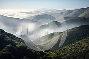 Foggy morning in the mountains. Landscape with wind turbines, Generative AI