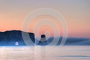 Foggy morning at Perce Rock in Gaspe, Canada