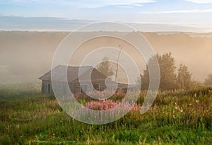 Foggy morning in a rural landscape. wooden village houses in fog and sunbeams