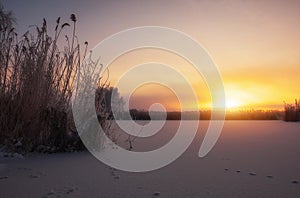 Foggy morning sunrise. Colorful evening, bright sunshine over a river or lake.