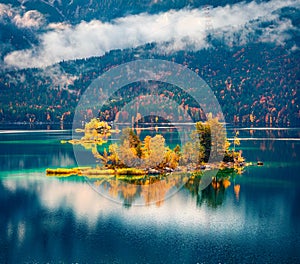 Foggy morning view of Eibsee lake.