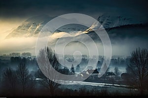 foggy morning, with view of the mountain range visible through the mist