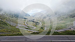 Foggy mountain landscape of Transfagarasan Road, Romania.