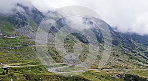 Foggy mountain landscape of Transfagarasan Road, Romania.