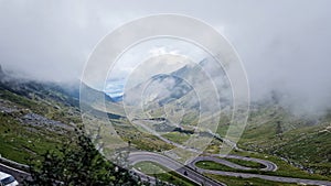 Foggy mountain landscape of Transfagarasan Road, Romania.