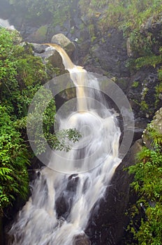 Foggy Mountain and long exposure of a waterfall. Milky shots of water cascading from the mountain