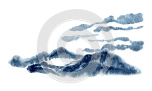 Foggy mountains and clouds minimalistic landscape. Asian Japanese natural backgrop. Hand drawn watercolor illustration isolated on