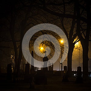 Foggy night, cementary area by the Nidarosdomen cathedral in Trondheim town