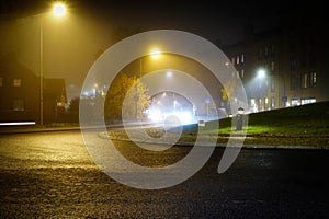 Foggy October night. The fog is highlighted with street lights. Beautiful warm soft light diffusion. Autumn leaves a complete Hall