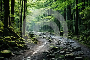 Foggy Path. Mystical Road through Ancient Forest with Ethereal Light Filtering through Dense Canopy