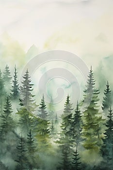 Foggy pine forest. Watercolor painting. Vertical nature background. Printable artwork