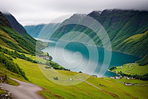 On a foggy rainy day, the fjord and mountains in Flam are pictured.