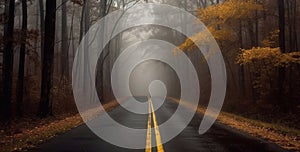 Foggy road in the autumn forest with yellow trees and fog