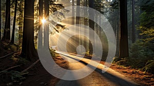 Foggy road in the dark forest with rays of light. Sun rays shining through trees in redwood forest