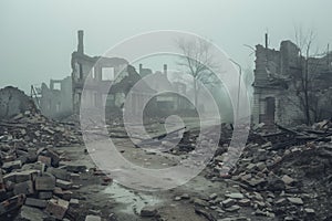 Foggy ruins of a decimated building complex