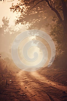 Foggy rural dirt path. Moody early morning hues.