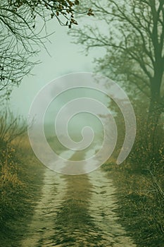 Foggy rural dirt path. Moody early morning hues.